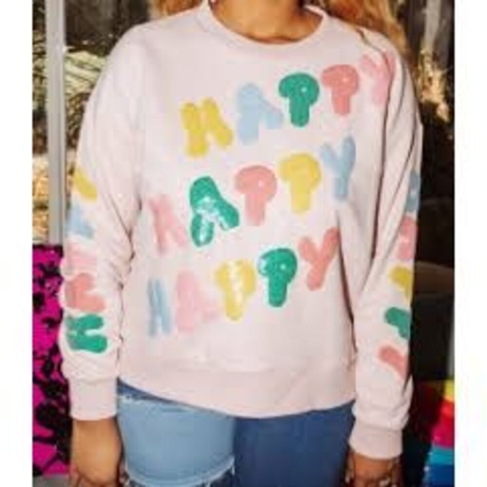 Queen of Sparkles “Happy Happy Happy” Sequin Sweatshirt, Size XXL